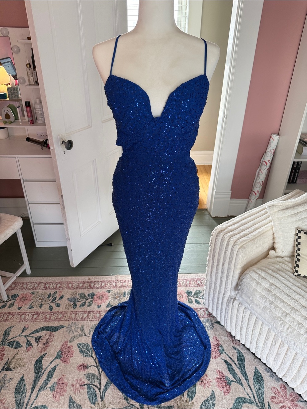 Windsor Royal Blue Sequin Spaghetti-Strap Mermaid Prom Dress